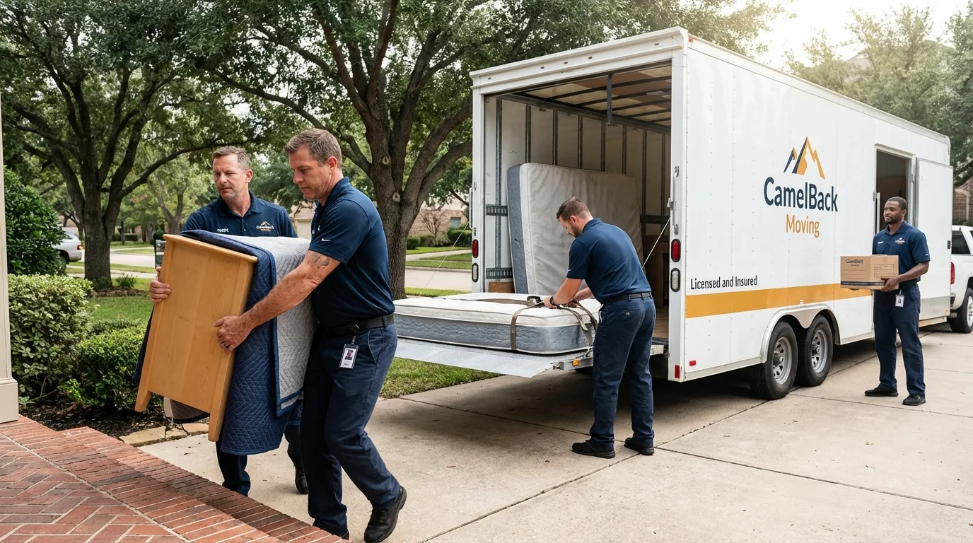 Crew loading residential truck for cross-state move from Waterford, CA