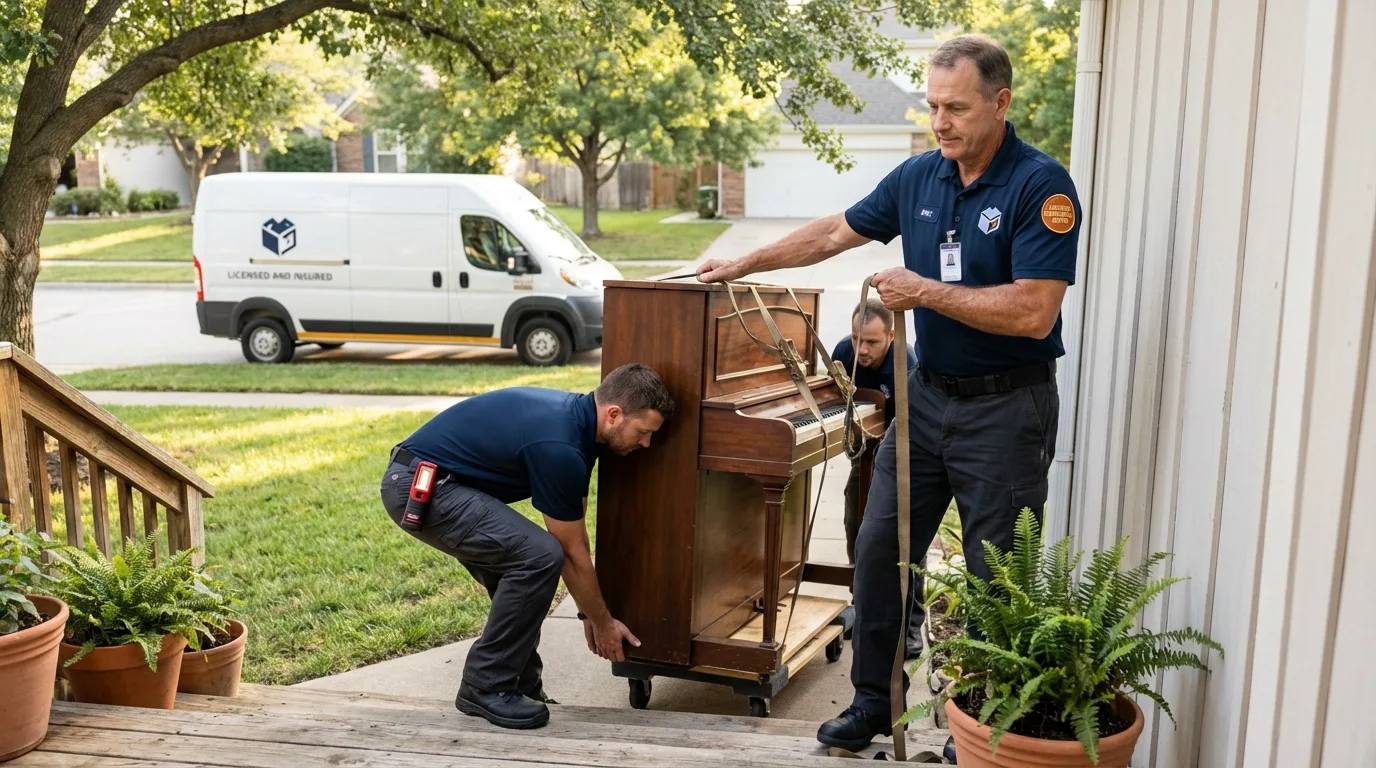 Licensed piano movers securing grand piano in Waterford, CA