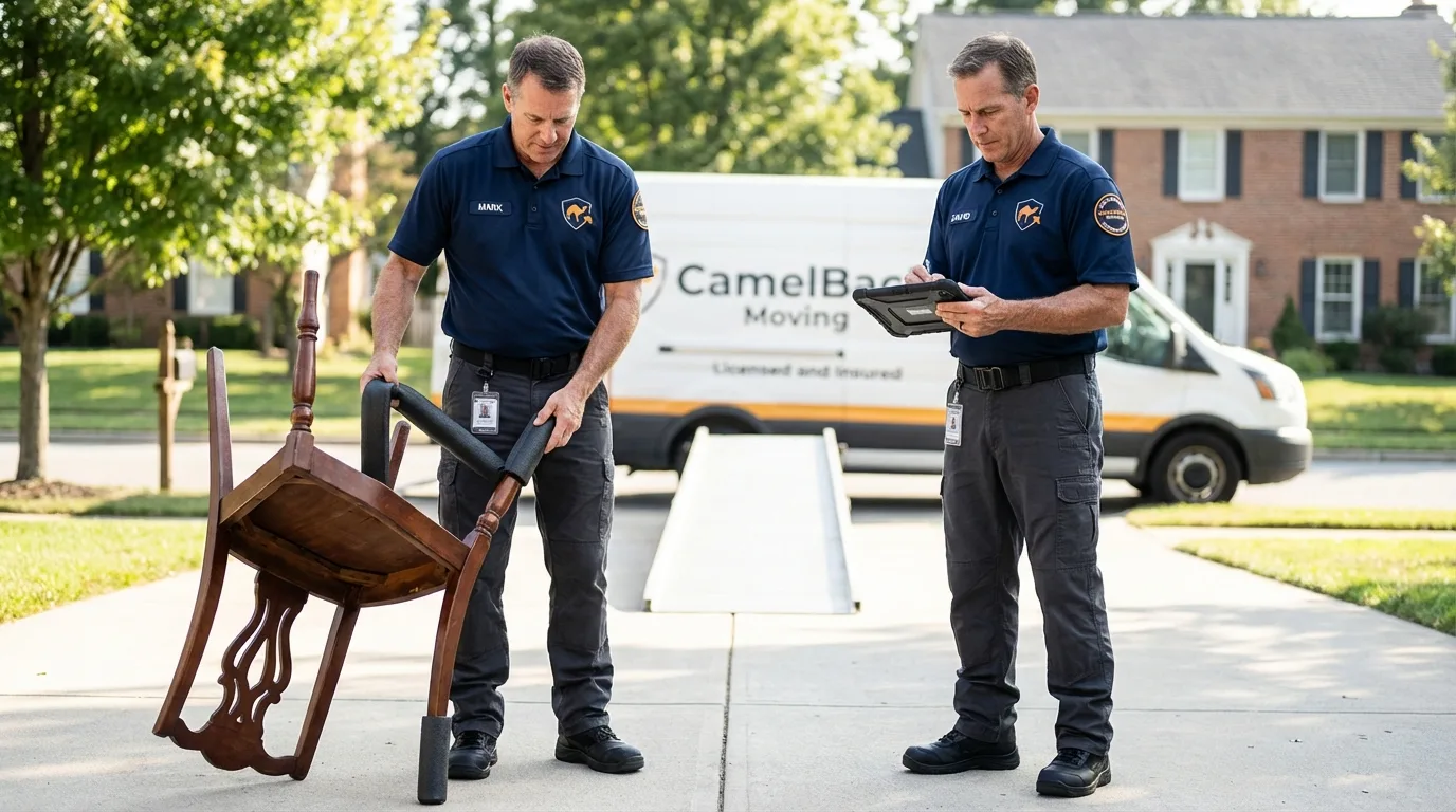 Movers inspecting furniture for damage prevention before loading in Waterford, CA