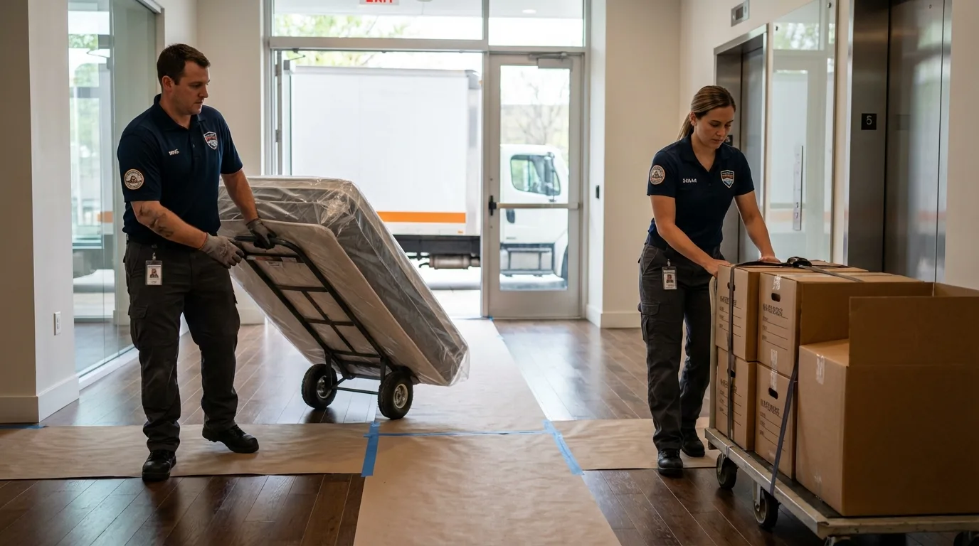 Professional apartment movers loading elevator in Waterford, CA